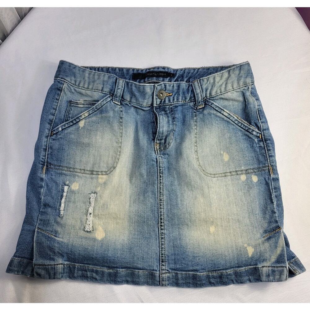 Calvin Klein Women's Distressed Denim Stretch Blue Jean Skirt Size 6